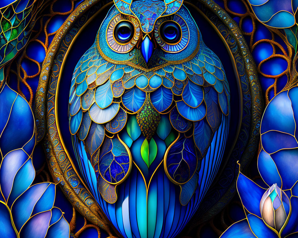 Colorful Digital Art: Stylized Blue Owl with Ornate Leaves and Lotus