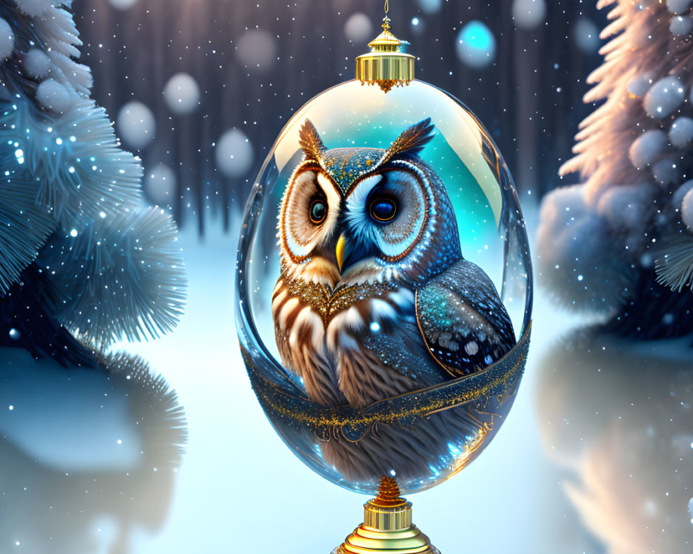 Illustration of owl in glass orb in snowy winter scene