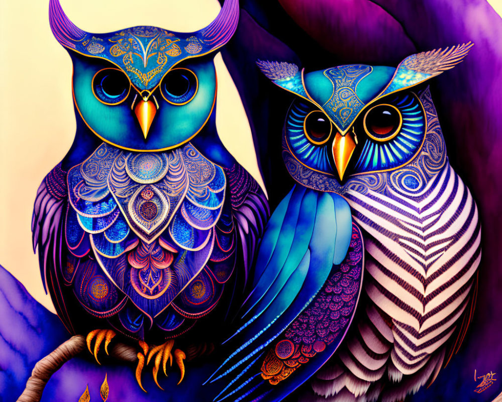 Colorful Stylized Owls Perched on Branches