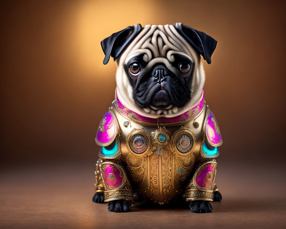 Pug Dog in Golden Armor with Purple Accents on Brown Background