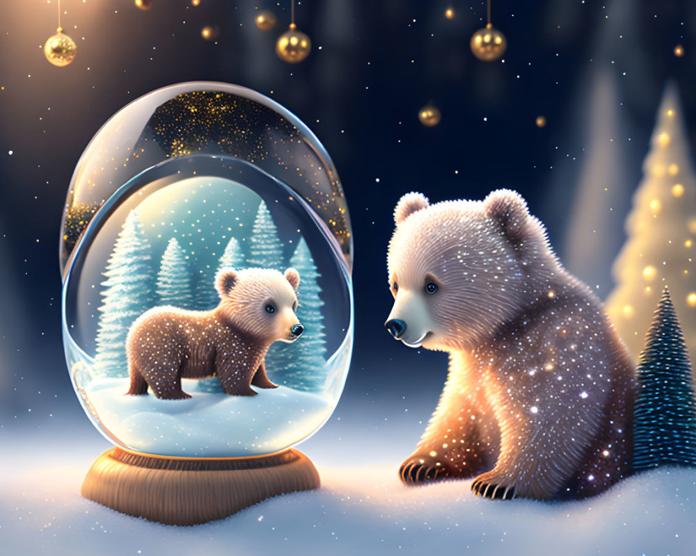 Digital illustration of small bear in snow globe observed by larger bear in wintry setting