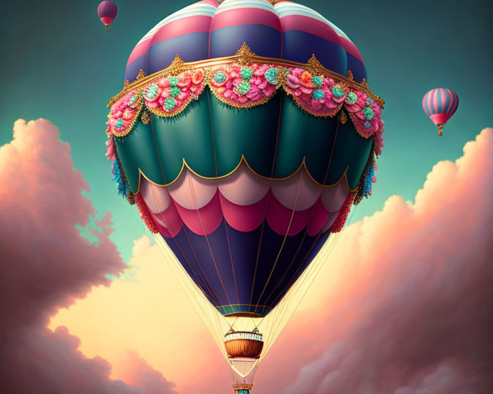 Colorful hot air balloon with floral decorations in sunset sky