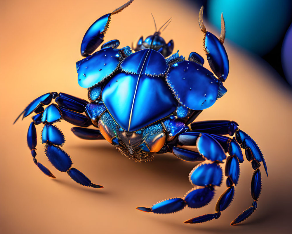 Colorful digital illustration of a glossy blue crab on warm beige background