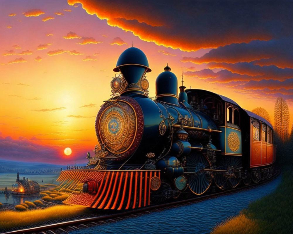 Vintage steam locomotive on tracks at sunset with vibrant skies and pastoral fields