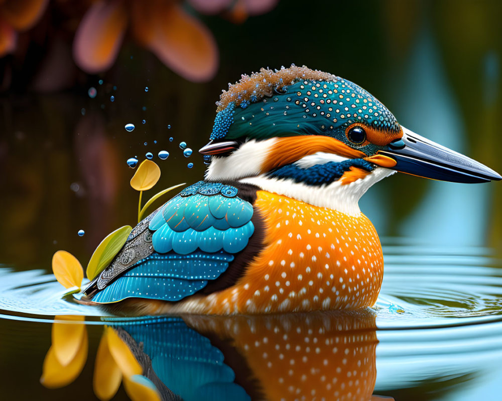 Vibrant kingfisher bird in tranquil water with reflections