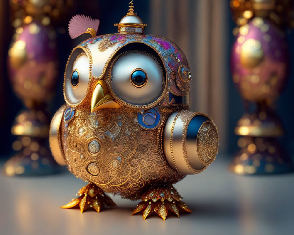 Metallic Owl Statue with Intricate Designs and Golden Accents on Blurred Background