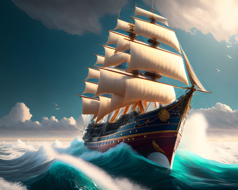 Tall ship with full sails on ocean waves under dynamic sky