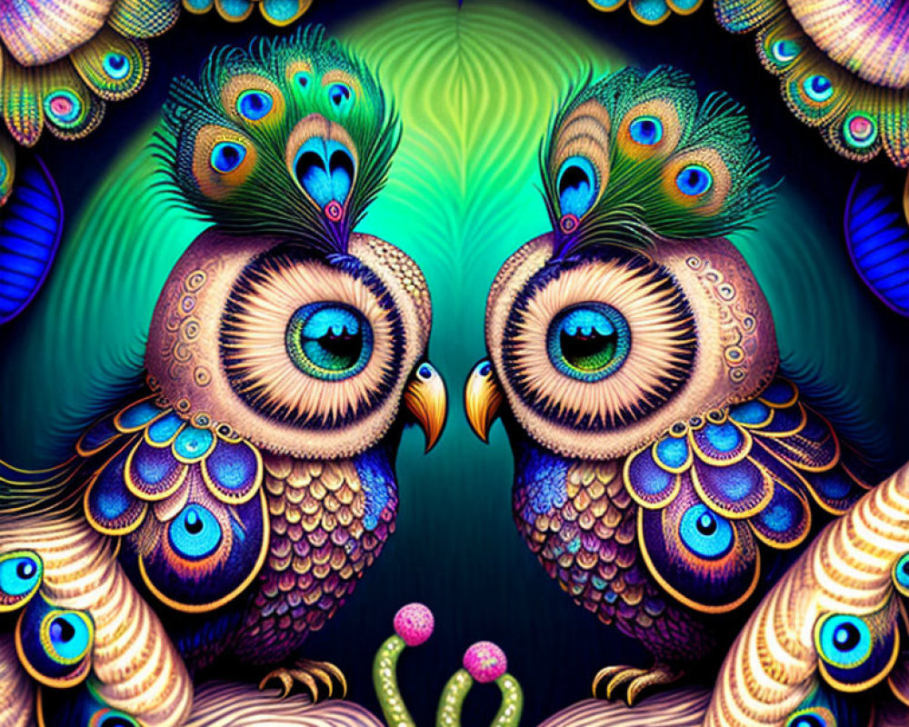 Stylized peacocks with vibrant blue plumage and ornate eye patterns on colorful background