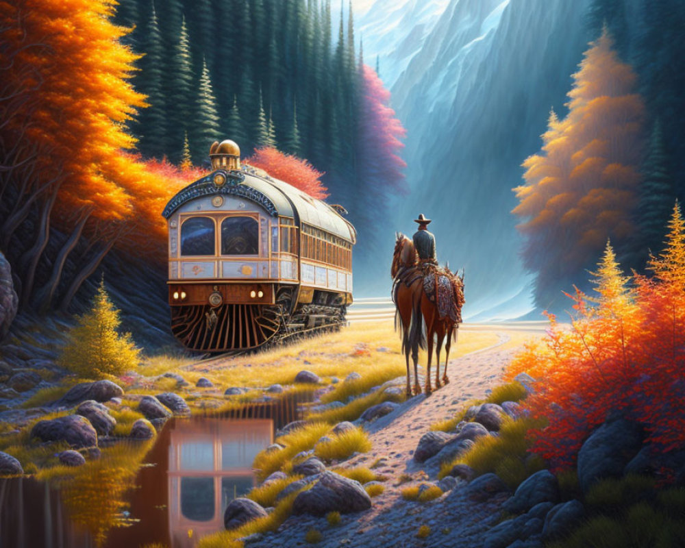 Cowboy on horseback watching vintage train in autumn forest with orange trees, water, and mountains.