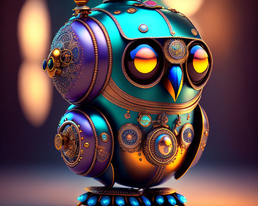 Detailed 3D steampunk mechanical owl with intricate gear designs in warm glow