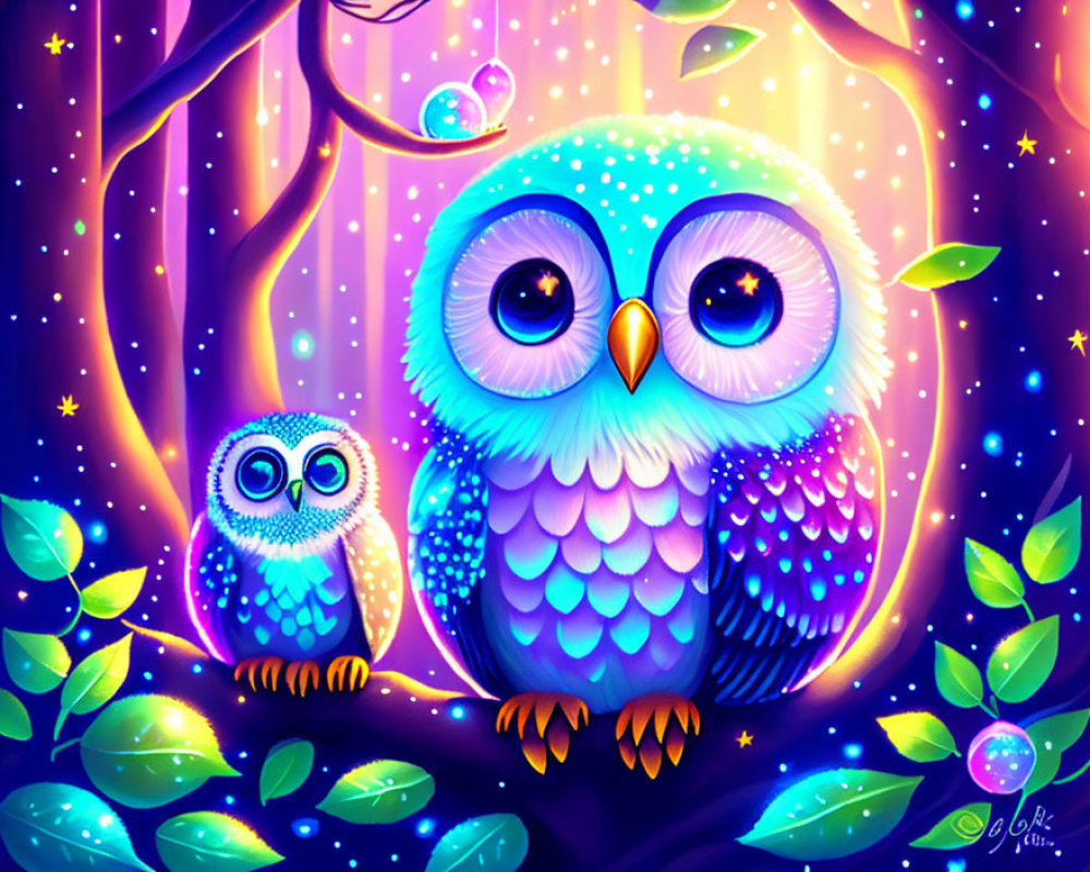 Colorful Digital Illustration: Stylized Owls in Enchanted Forest