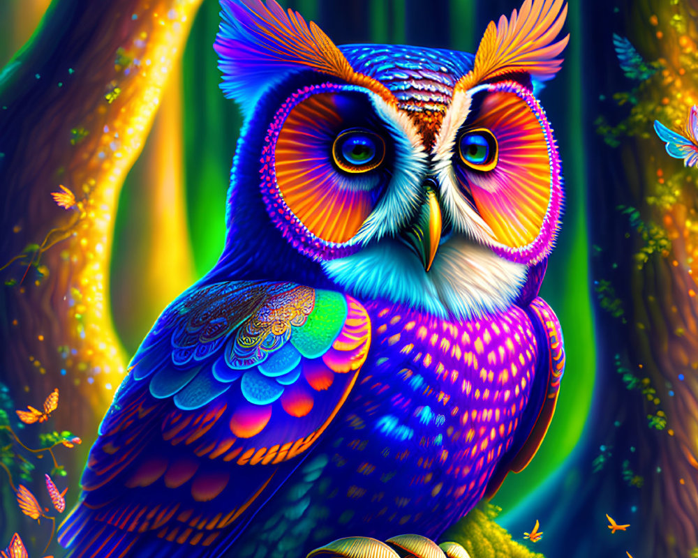 Vibrant owl illustration with intricate patterns in whimsical forest scene