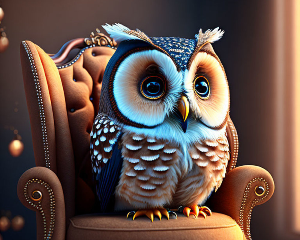 Stylized animated owl in graduation cap on armchair with warm glowing lights