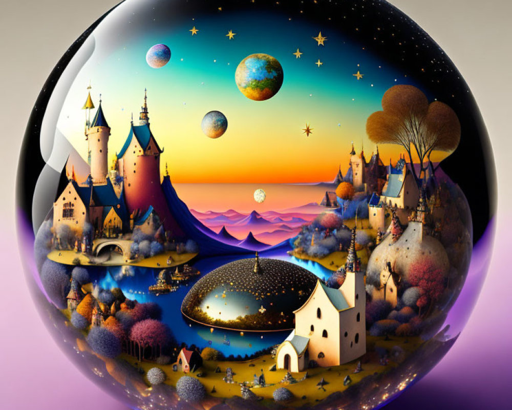 Fantasy landscape with castles, trees, planets, and vibrant colors