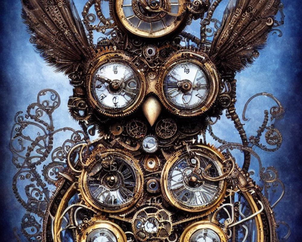 Steampunk owl made of clock parts and gears on blue background