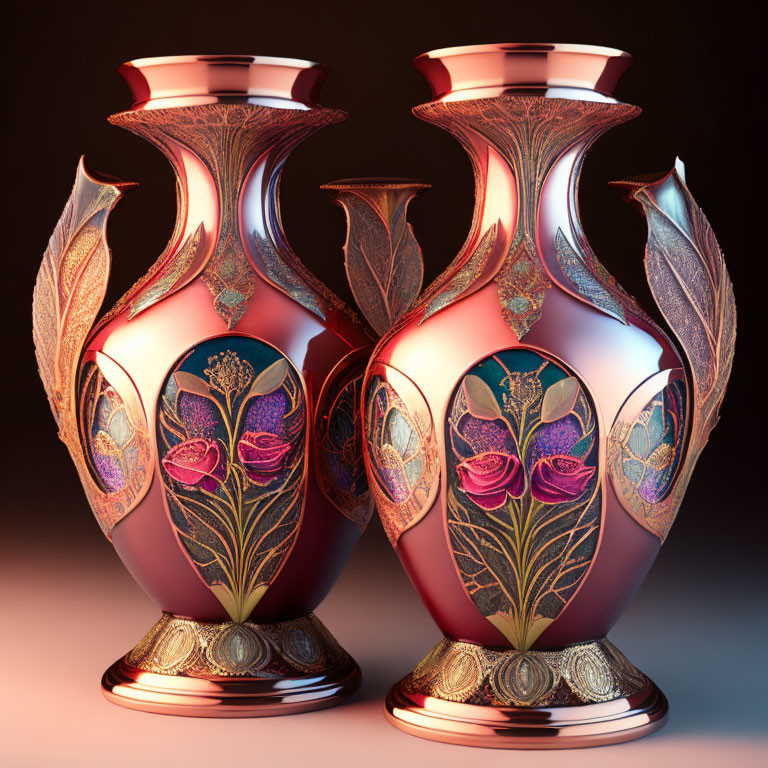 Ornate vases with floral patterns and metallic accents on warm background