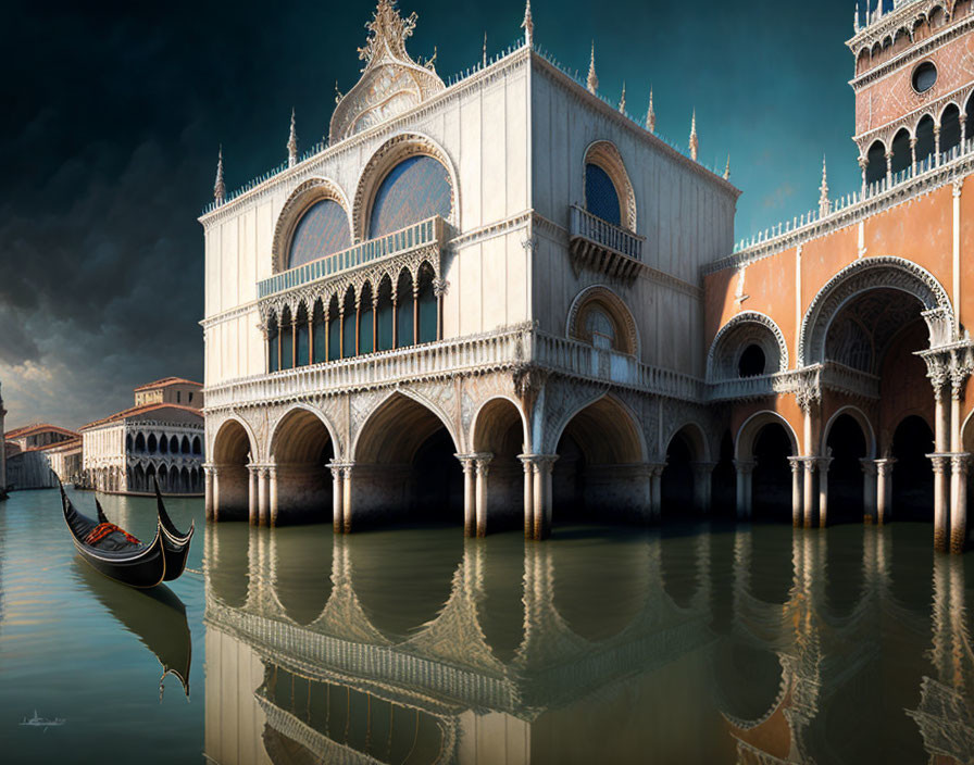 Venetian Gothic architecture and gondola on calm waters under dramatic sky