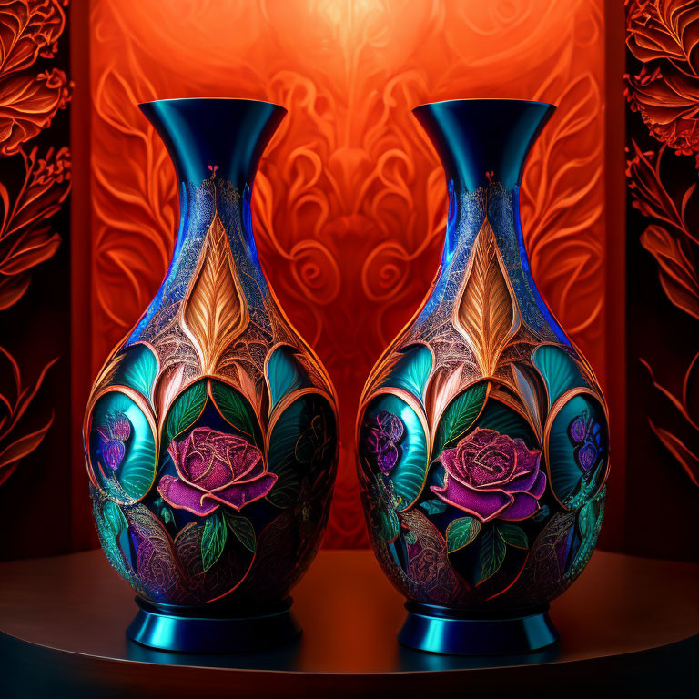 Ornate vases with blue, purple, and pink floral designs on red backdrop