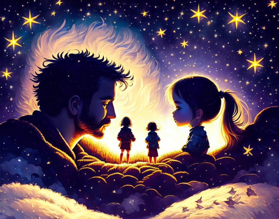 Illustration of man, woman, and child under starry night sky