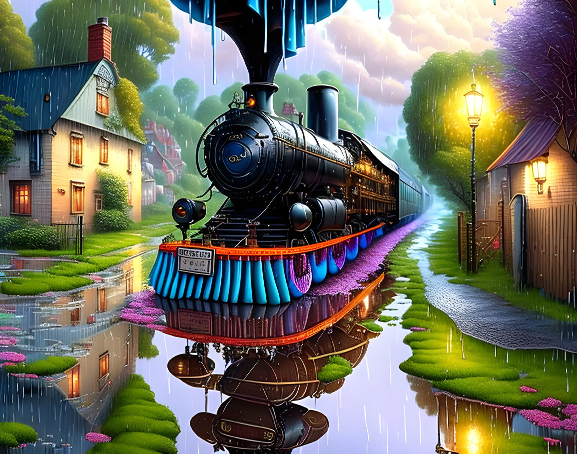 Vintage train on rainy twilight track with colorful reflections