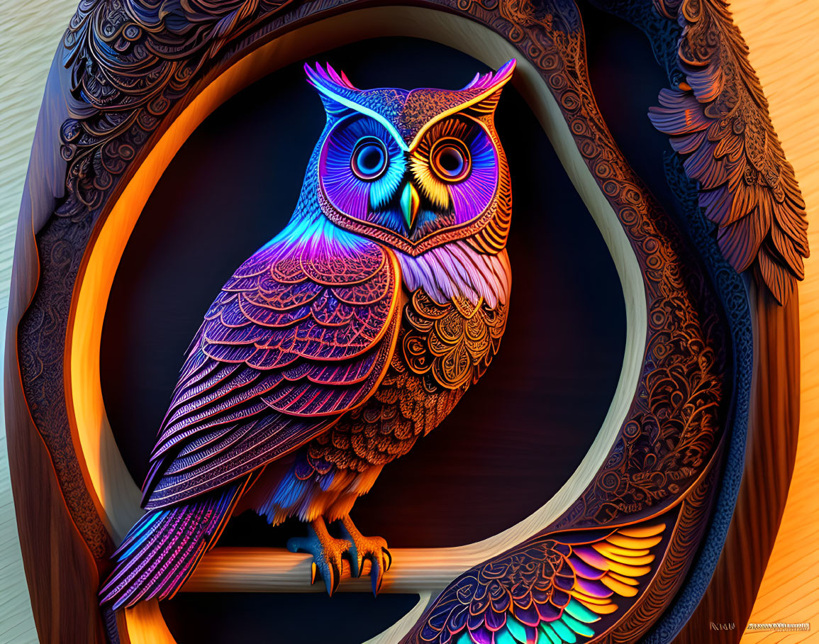 Colorful Stylized Owl Art in Ornate Circular Frame