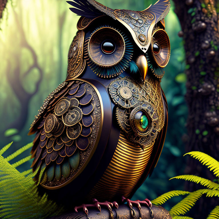 Stylized mechanical owl with metal feathers and green eyes in forest setting