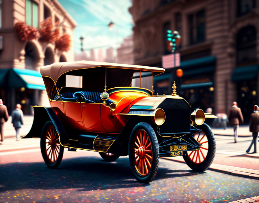 Vintage Car in Golden and Red Hues on Sunny Street with Pedestrians