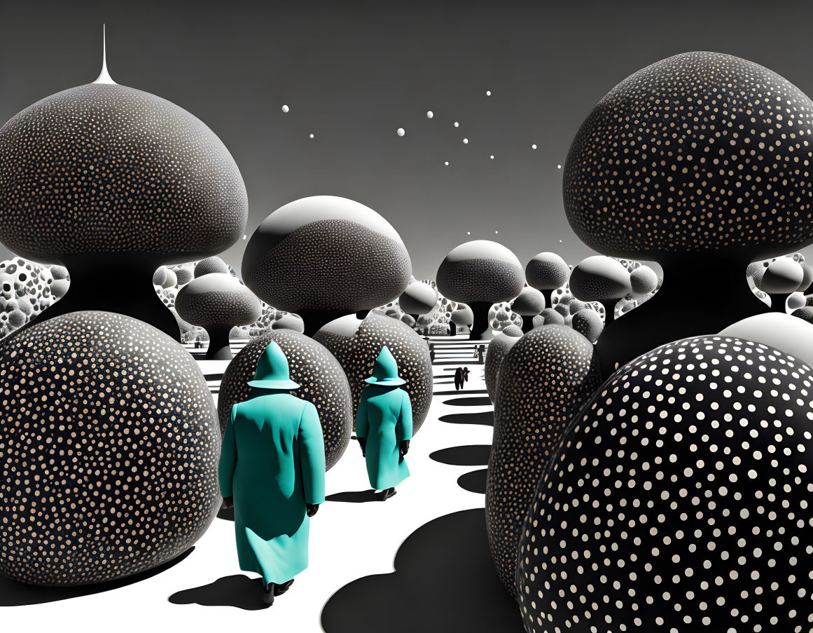 Monochrome surreal landscape with dotted spheres and figures in turquoise cloaks