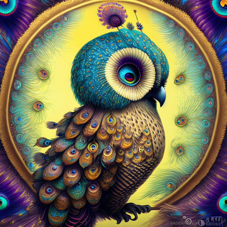 Colorful Owl Illustration with Peacock-like Feathers in Blue and Gold Palette
