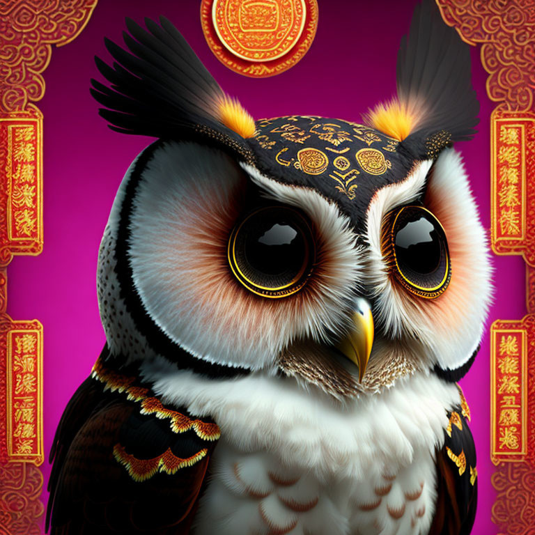 Stylized owl illustration with expressive eyes on purple background