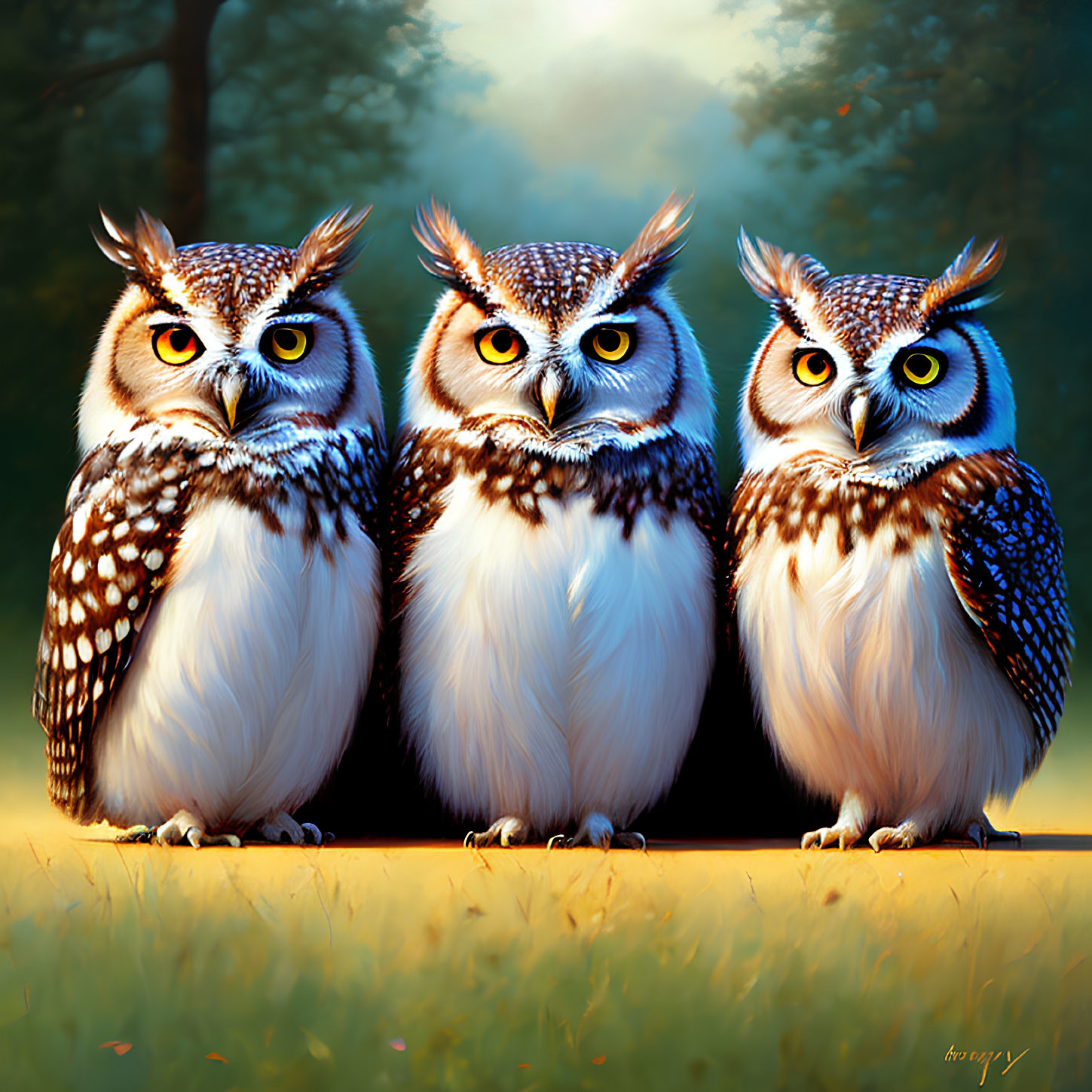 Illustrated Owls with Vibrant Eyes in Dusk Forest