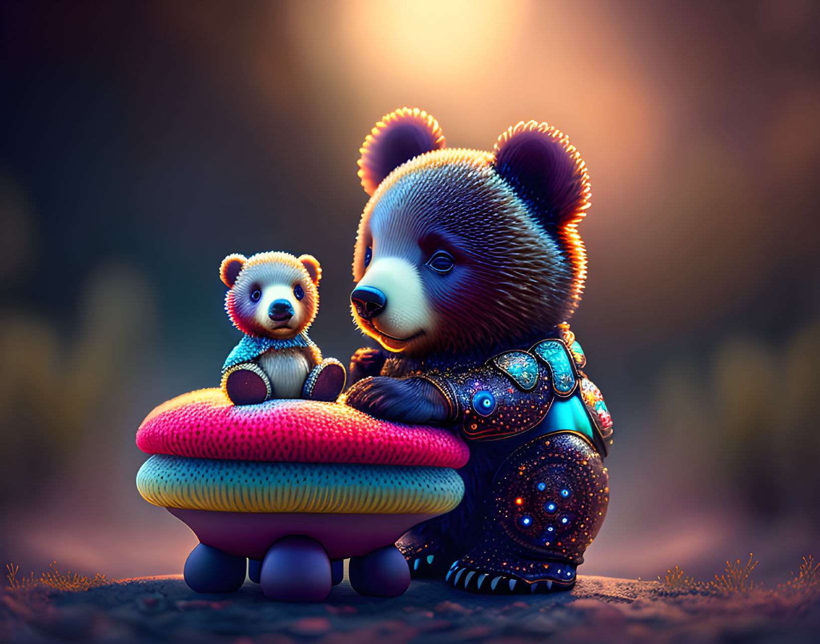 Stylized large and small panda on colorful cushion at twilight