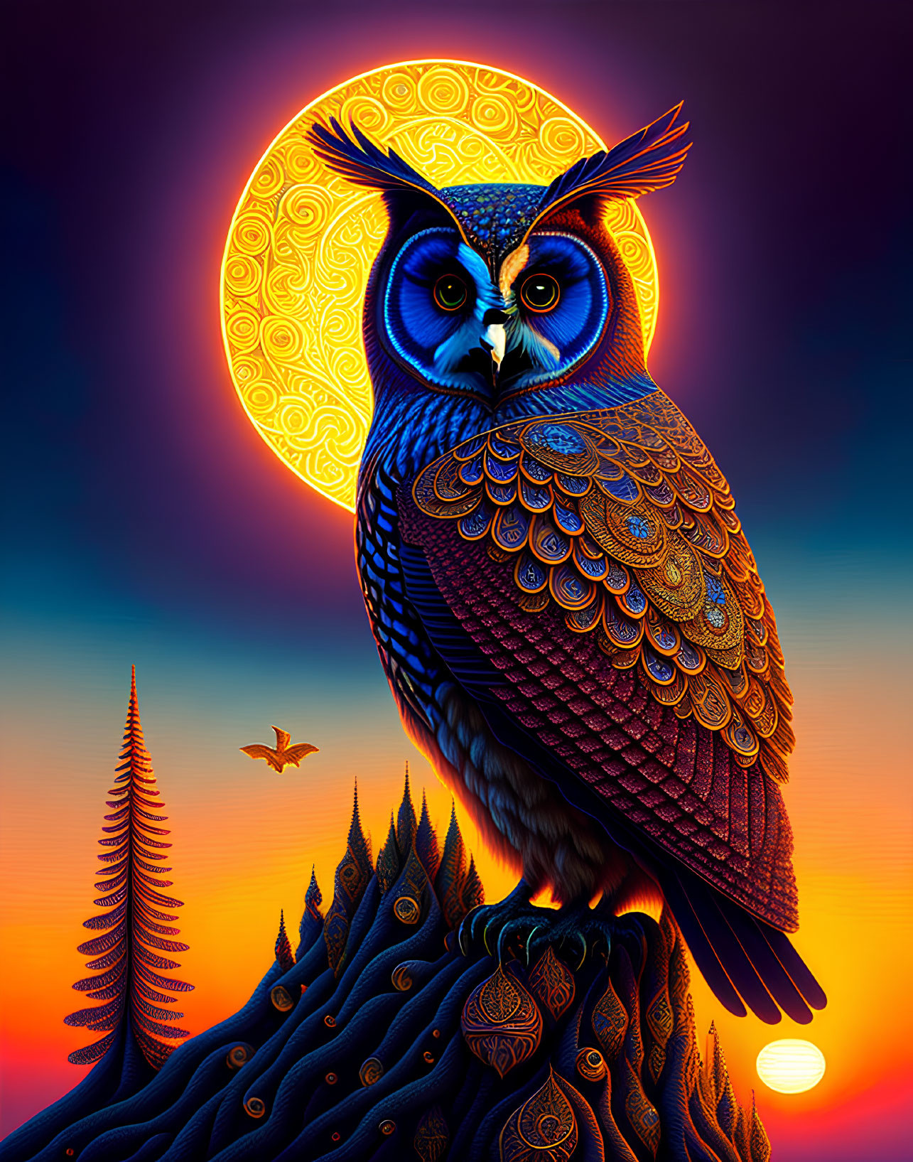 Colorful Owl Perched on Pine Hill Under Full Moon