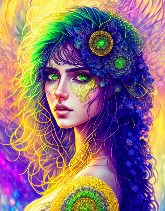 Colorful digital portrait of woman with rainbow hair, green eyes, and floral patterns