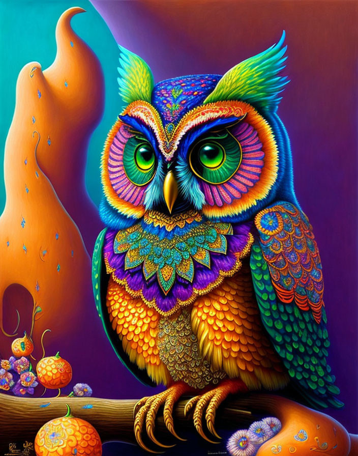 Colorful Owl Illustration with Psychedelic Branch Background