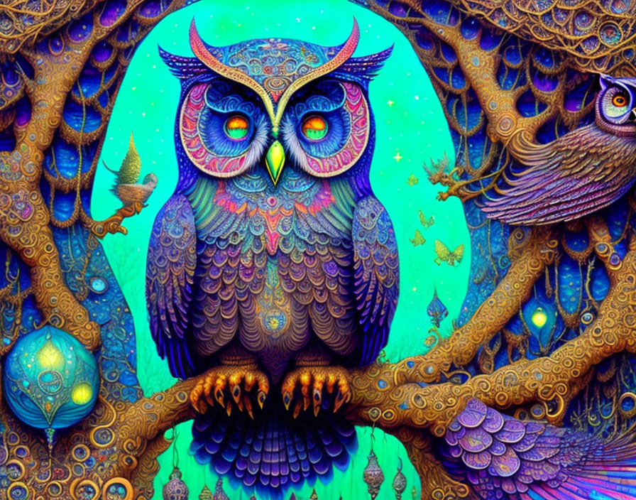 Colorful Psychedelic Owl Illustration on Whimsical Background