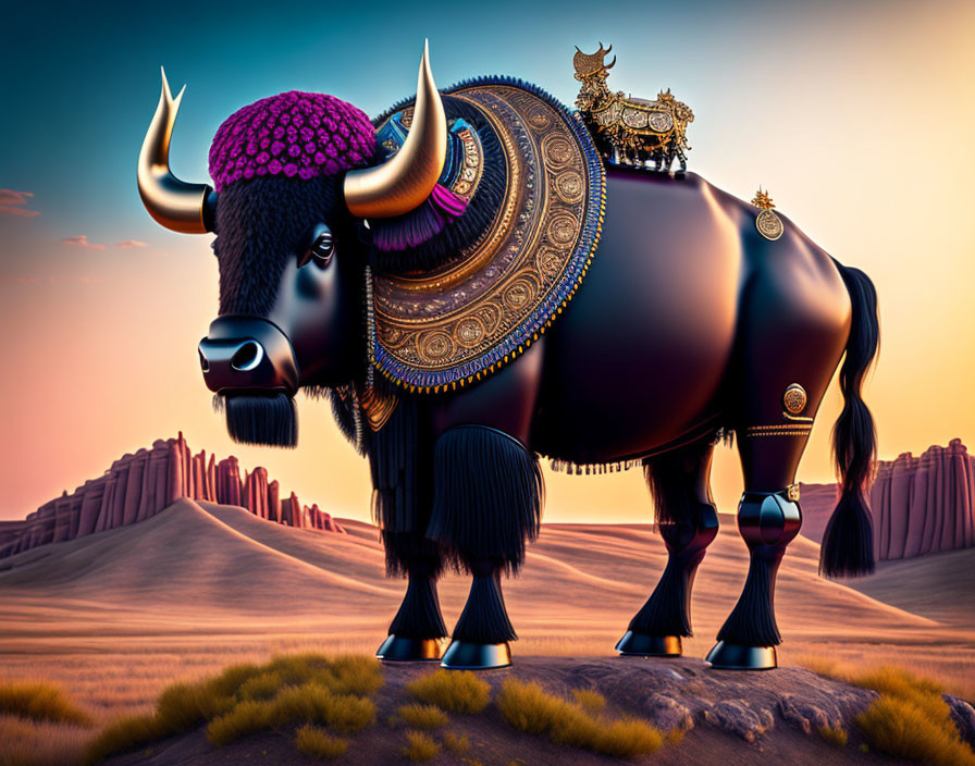 Majestic black bull with golden decorations in desert setting