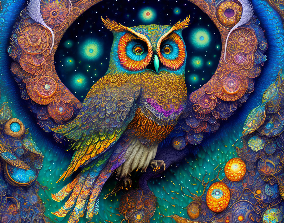 Colorful Owl Illustration with Cosmic Background and Mandala Designs