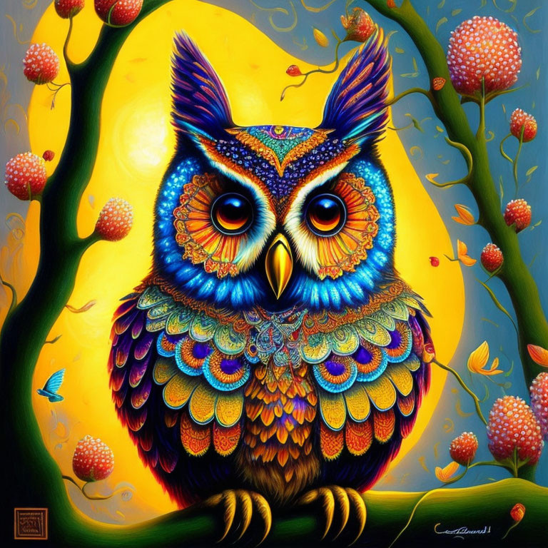 Vibrant Owl Illustration in Fantasy Setting with Whimsical Trees