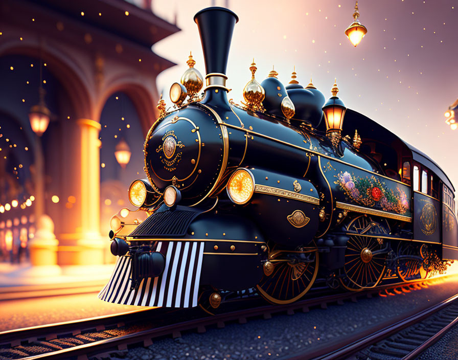 Vintage ornate train travels on tracks at twilight with starry sky reflection.