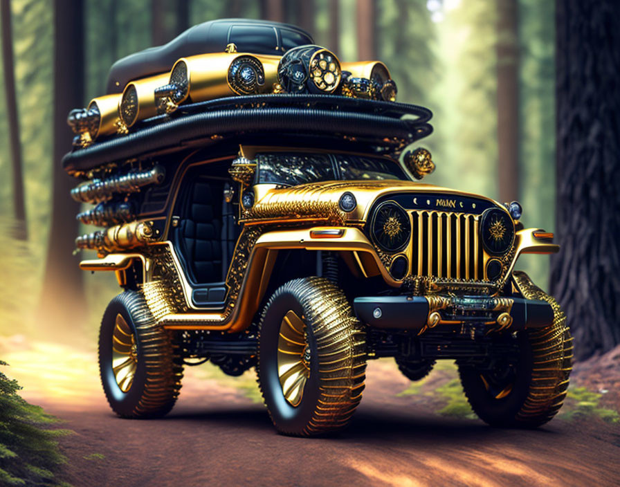 Stylized gold and black off-road vehicle in forest setting