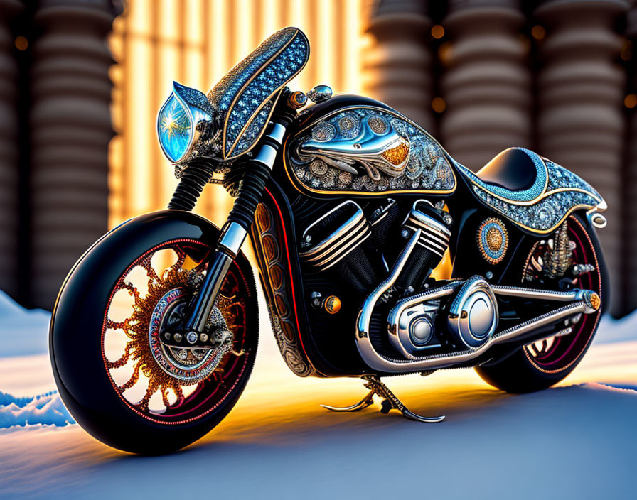 Stylized ornate motorcycle with intricate patterns and jewel-like detailing against soft light columns