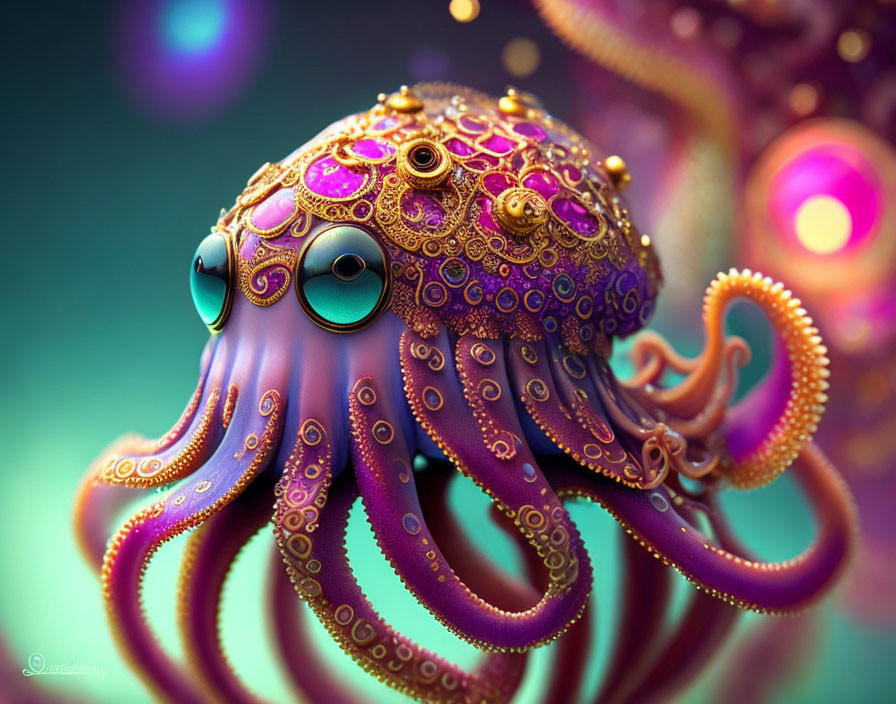 Intricately adorned octopus with gold patterns on purple skin against vibrant backdrop