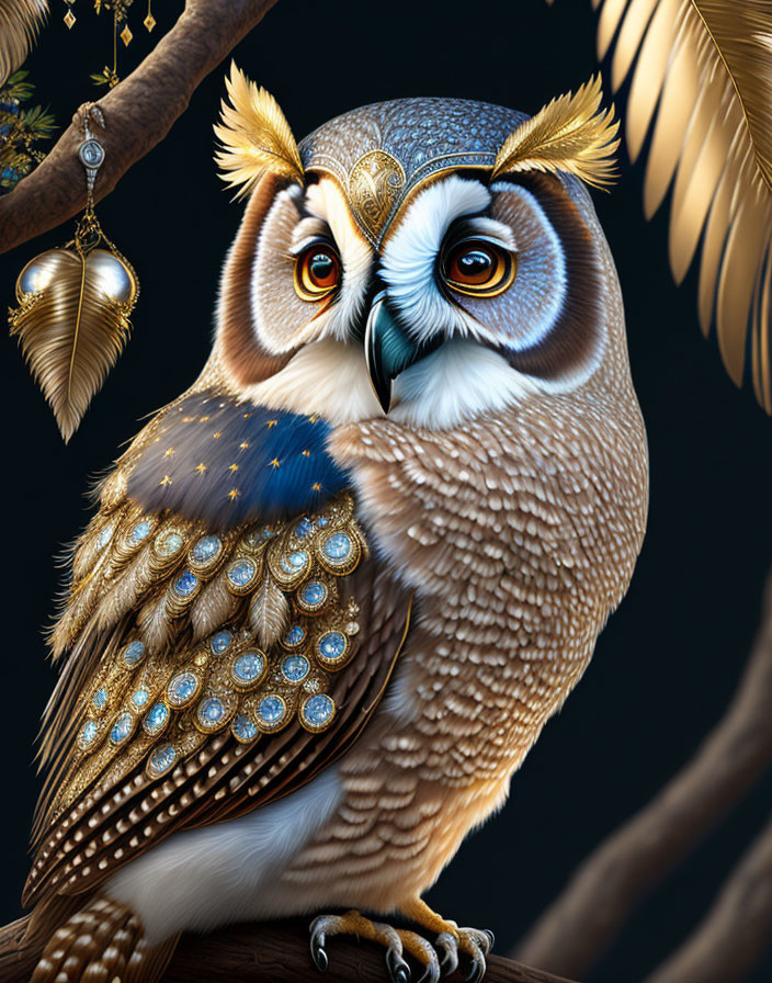 Intricate golden and gem-like patterns on owl feathers perched on a branch