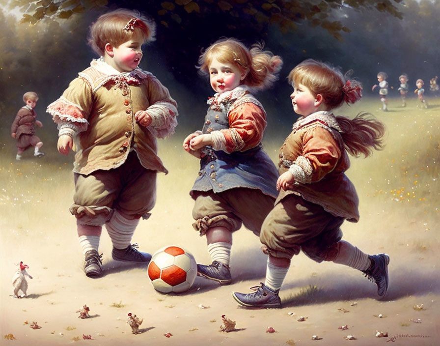 Vintage clothing children playing soccer with rabbits in sunny field