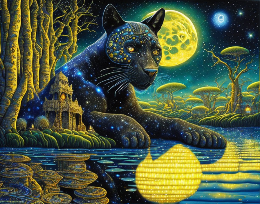 Surreal black panther with starry patterns by moonlit water