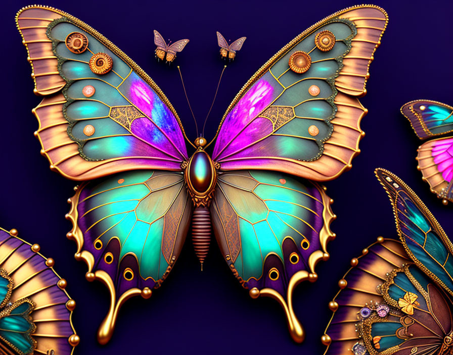 Colorful ornate butterfly digital artwork on purple background