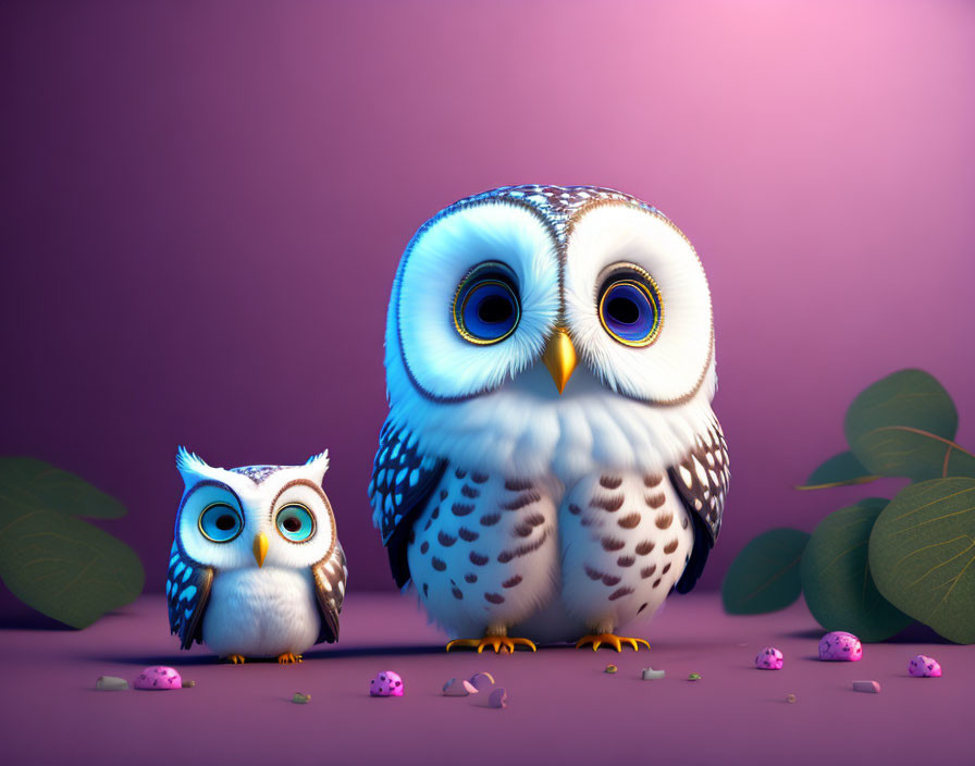 Stylized 3D-rendered owls with expressive eyes on purple background