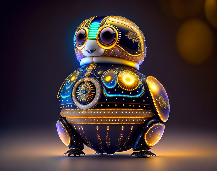 Colorful ornate owl robot with glowing lights on dark bokeh background