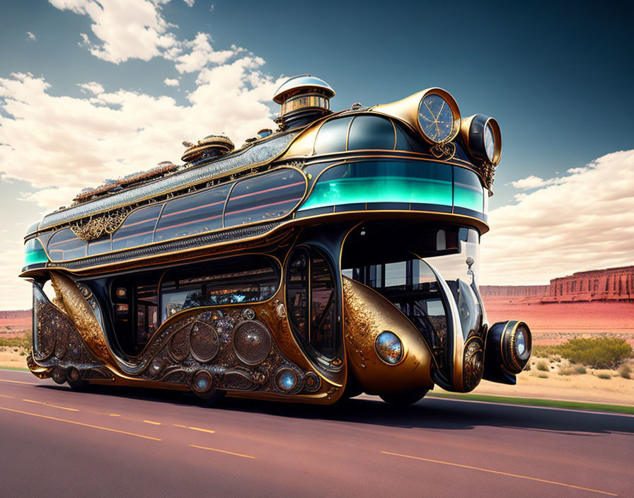 Ornate steampunk-style vehicle in desert landscape